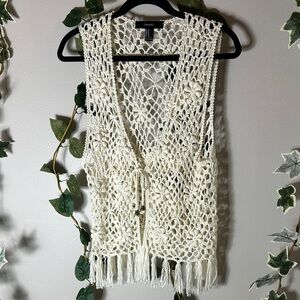 Forever 21 White Crochet Vest with Fringe